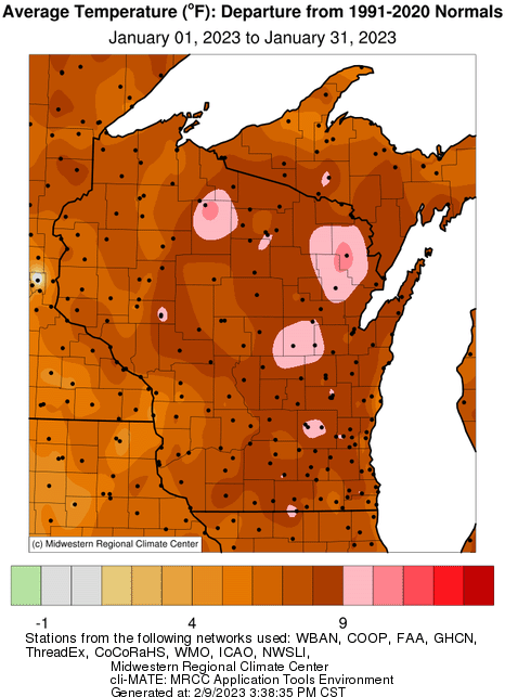 This map shows January 2023 temperatures in Wisconsin were well above average statewide; pockets of the state saw temperatures more than 9 degrees above normal.