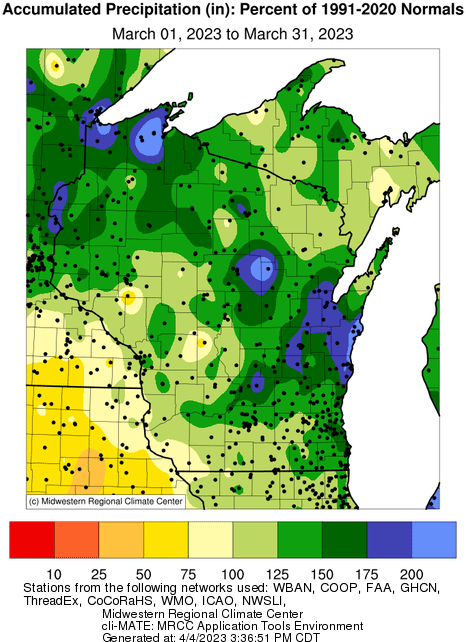 This map of precipitation as a percentage of the 1991-2020 normals in Wisconsin shows parts of the far north, center, and east-central parts of the state had up to 200 percent of the precipitation normal in March 2023.