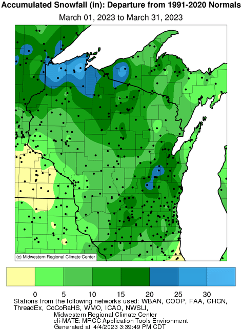 This map of snowfall in Wisconsin from March 2023 shows up to 30 inches of snow fell in the area around Lake Superior.