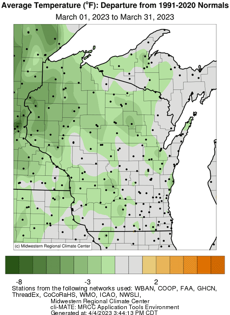 This map of the average temperature departure from 1991-2020 normals in Wisconsin shows temperatures in the northwest part of the state were nearly eight degrees below average in March 2023.