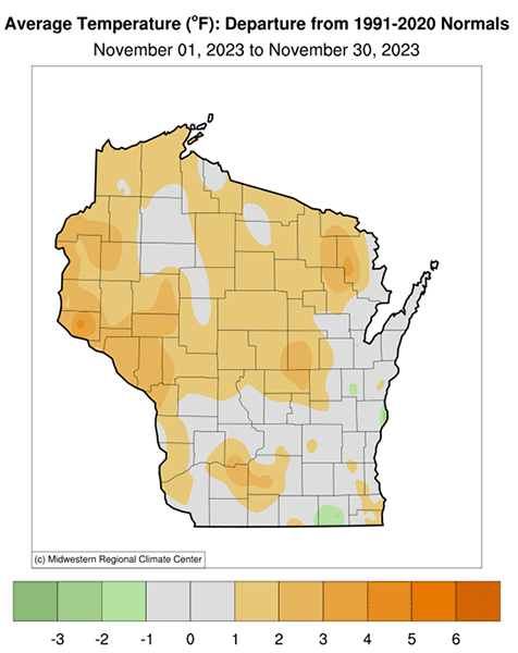 Map showing average temperatures in November 2023 were at or above normal in Wisconsin