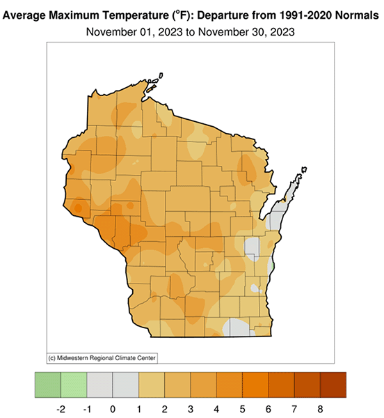 Map showing average high temperatures in November 2023 were at or above normal in Wisconsin