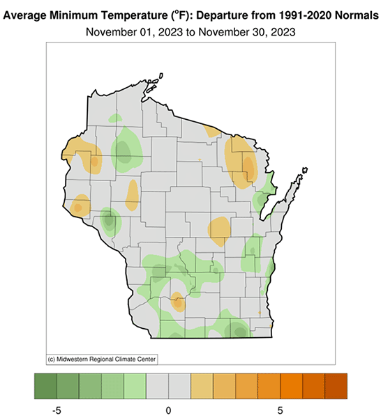 Map showing average low temperatures in November 2023 were about average in Wisconsin