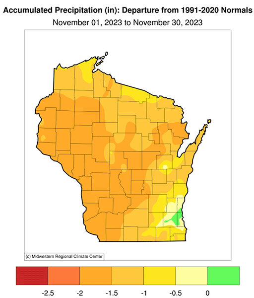 Map showing November 2023 precipitation was below normal across nearly all of Wisconsin