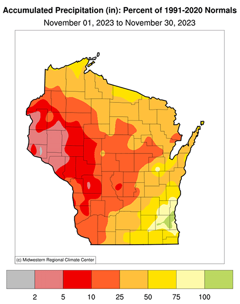 Map showing November 2023 precipitation was less than 25 percent of the normal amount in much of Wisconsin, and only 10 percent of the normal amount in western Wisconsin