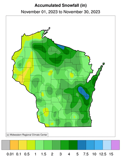 Map showing east-central and a small area of northern Wisconsin received the most snow in November 2023