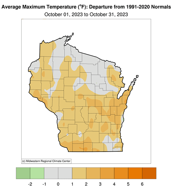 Map showing average maximum temperatures in October 2023 were slightly above normal across most of Wisconsin, and about normal in the north central region