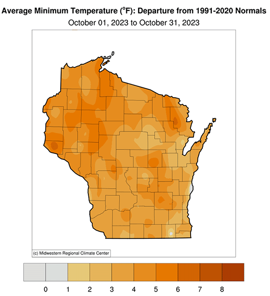 Map showing average minimum temperatures in October 2023 were above normal across Wisconsin
