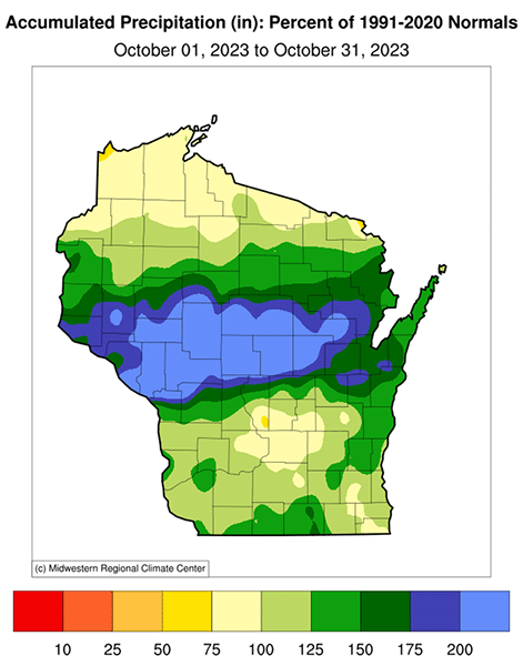 Map of October 2023 precipitation as a percent of the 1991-2020 climate normals, showing the central part of Wisconsin was at least 150 percent above normal